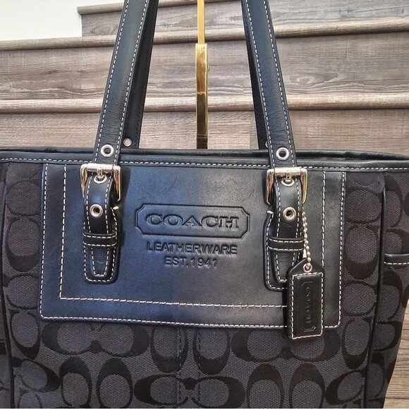 Coach Leatherware Signature Black Canvas Leather Trim Top Handle Tote Bag - Picture 4 of 11